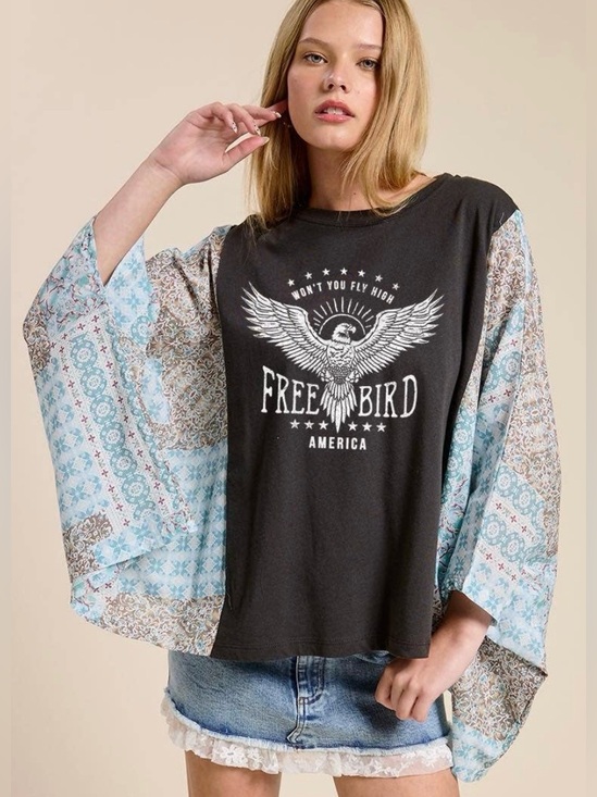 zutter Tops - Zutter Free Bird America Graphic Sheer Boho Kaftan Top M